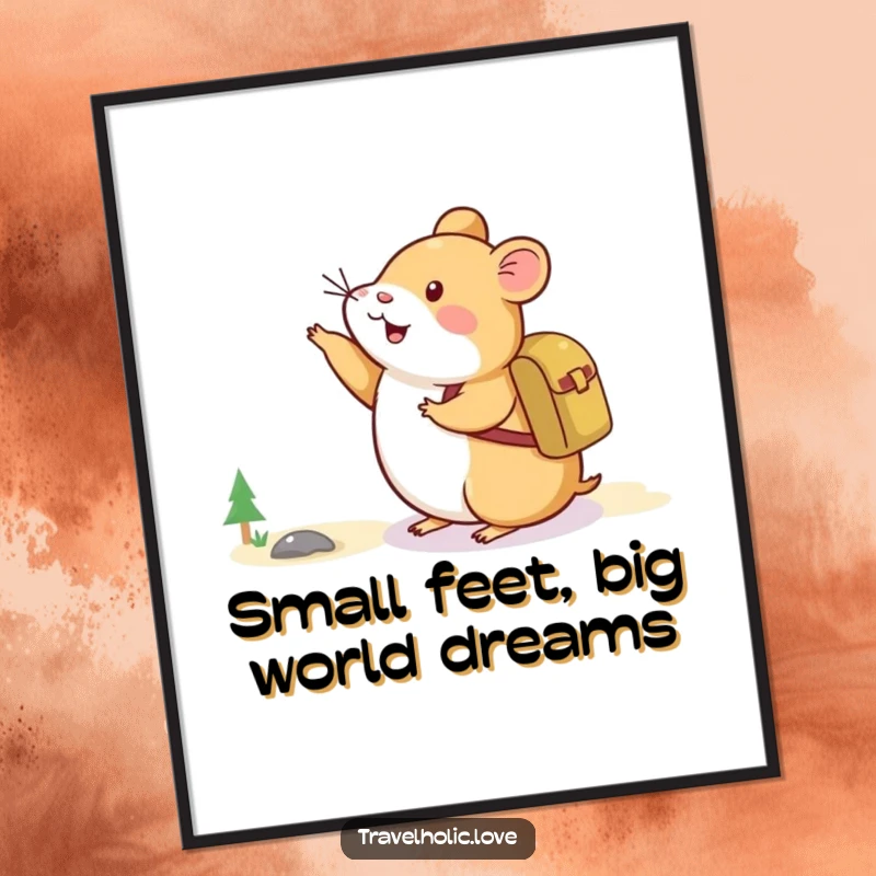 Funny Free Printable Hamster Mountain Wall Art: A happy hamster with a backpack excitedly points towards a majestic distant mountain.