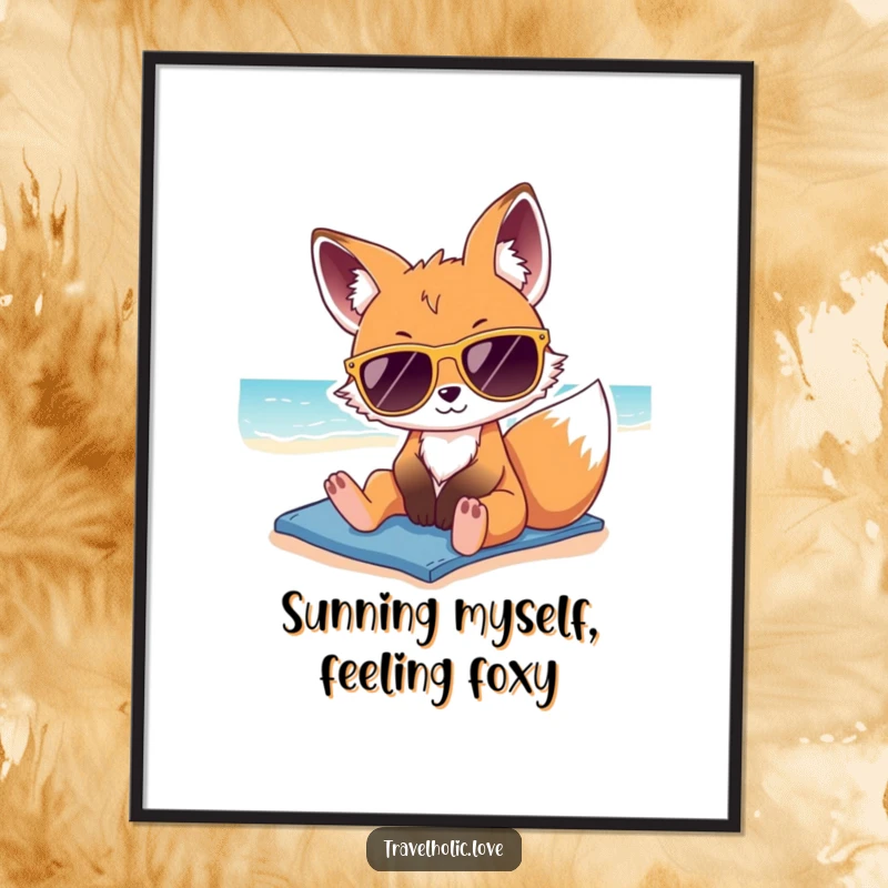 Funny Free Printable Wall Art depicting a kawaii fox wearing oversized sunglasses, lounging effortlessly on a sunny, tropical beach.
