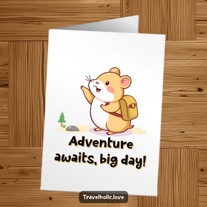 Funny Free Printable Hamster Birthday Card: A happy hamster with a backpack excitedly points towards a distant mountain.