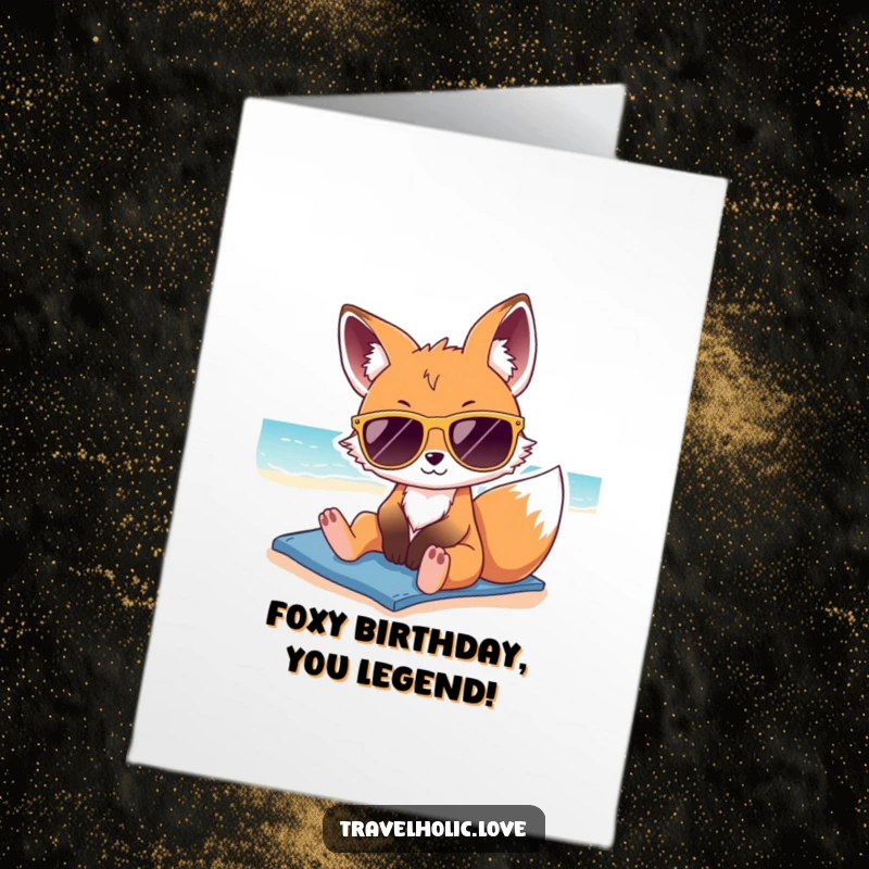 Funny Free Printable Birthday Card: A kawaii fox wearing oversized sunglasses, lounging coolly on a sunny beach, wishing a happy birthday.