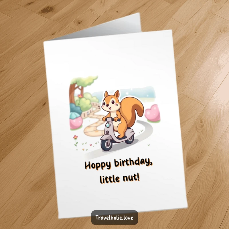 Funny Free Printable Birthday Card: A kawaii squirrel gleefully rides a miniature scooter down a winding path, celebrating a birthday.