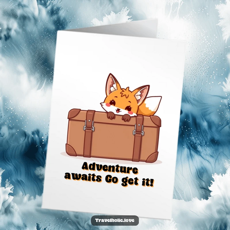 Funny Free Printable Fox Birthday Card: Playful fox peeking from a giant suitcase, ready for party fun.