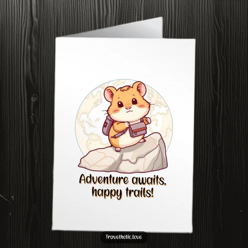 Funny free printable birthday card with a hamster in a backpack climbing a giant map, ready for adventure and a downloadable gift.
