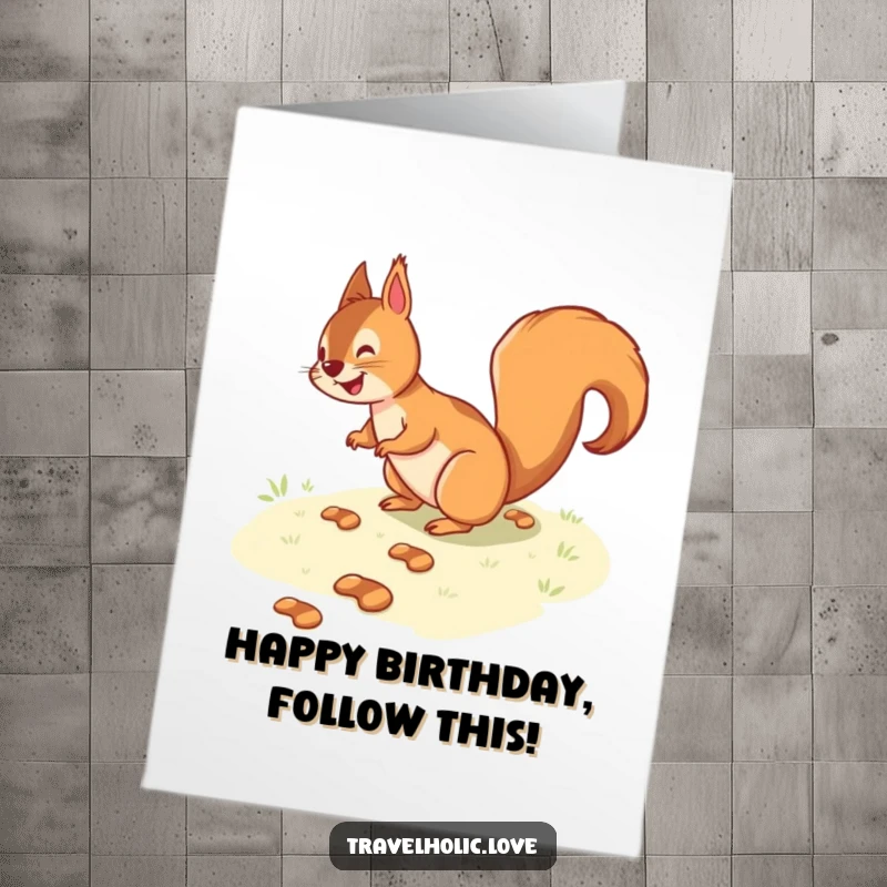 Funny free printable birthday card featuring a playful squirrel navigating a path of tiny footprints, a joyful downloadable gift.