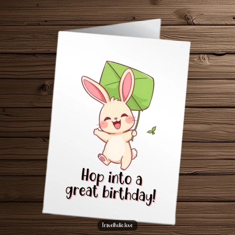 Funny Free Printable Bunny Kite Birthday Card: A joyful bunny uses a large leaf as a kite, soaring playfully.