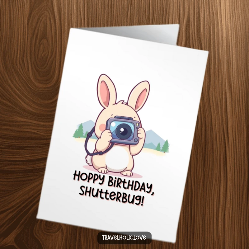 Funny Free Printable Birthday Card: A kawaii rabbit with a tiny camera snapping photos of distant mountains, wishing you a happy birthday.