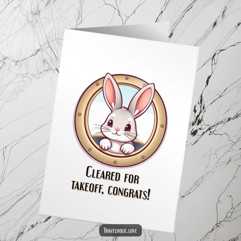 Funny free printable congratulations card showing a curious bunny peeking from a vintage airplane window, a humorous downloadable celebration.