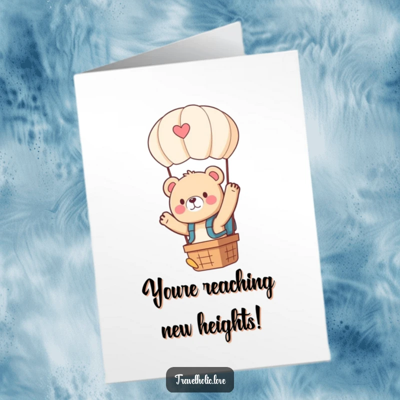 Funny Free Printable Congratulations Card showing a kawaii bear in a backpack waving from a hot air balloon, celebrating success.