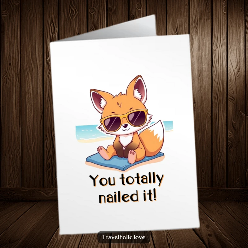 Funny Free Printable Congratulations Card showing a kawaii fox with oversized sunglasses, relaxing on a sunny beach, celebrating victory.
