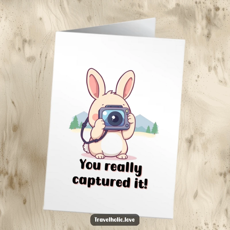 Funny Free Printable Congratulations Card featuring a kawaii rabbit with a tiny camera, photographing distant mountains, celebrating success.