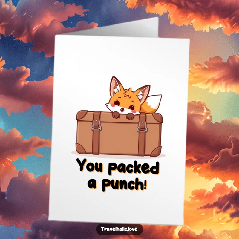 Funny Free Printable Fox Congratulations Card: Fox behind a suitcase, symbolizing big news and travels.