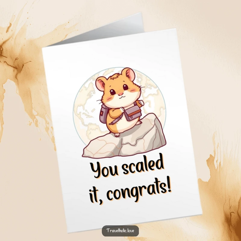 Funny free printable congratulations card showing a hamster with a backpack climbing a map, a humorous downloadable way to celebrate.