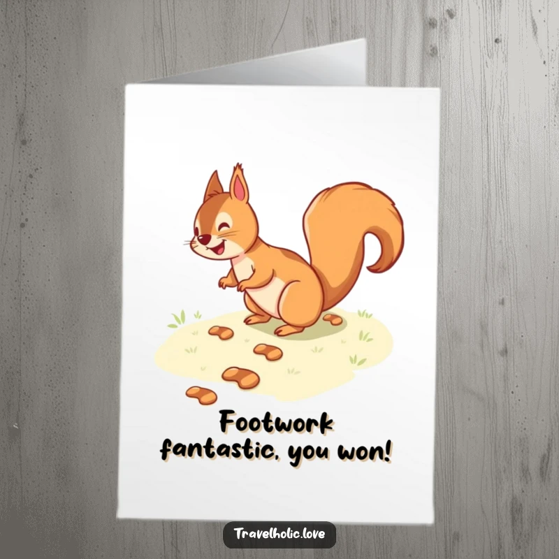 Funny free printable congratulations card showing a squirrel gleefully navigating a winding path of tiny footprints, a humorous downloadable celebration.