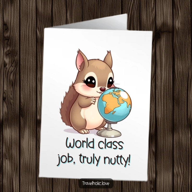 Funny Free Printable Squirrel Globe Congratulations Card: A squirrel discovers the wonders of the world, celebrating achievements.