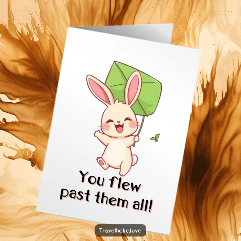 Funny Free Printable Bunny Kite Congratulations Card: A bunny kite-flyer celebrates overcoming challenges with glee.