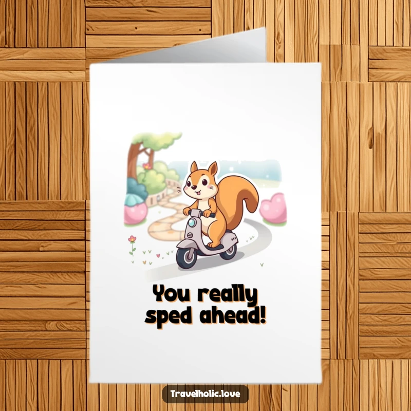 Funny Free Printable Congratulations Card showing a kawaii squirrel gleefully riding a miniature scooter down a winding path, celebrating success.