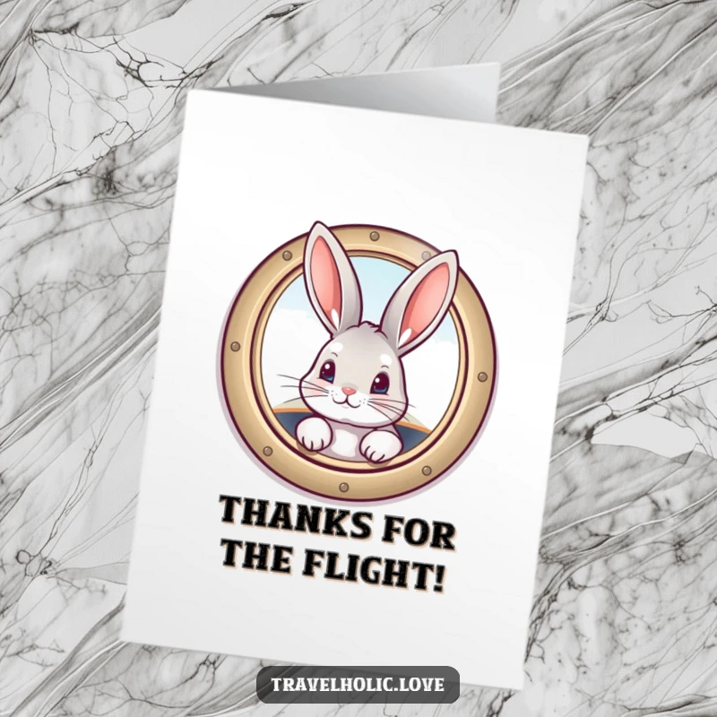 Funny free printable thank you card with a curious bunny peeking from a vintage airplane window, a cute and humorous downloadable message.
