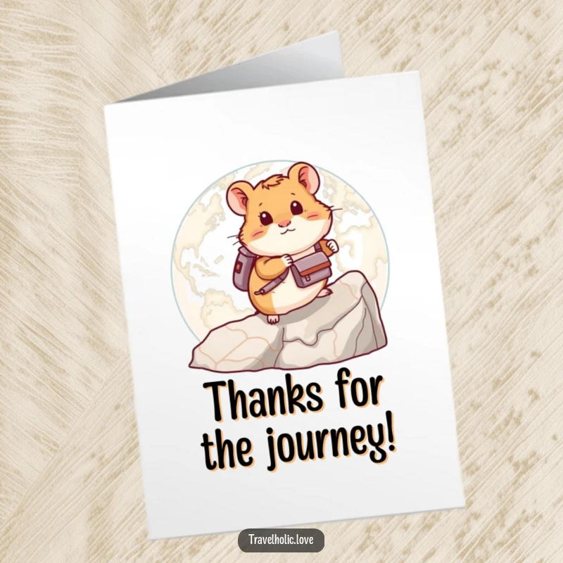 Funny free printable thank you card with a hamster wearing a backpack climbing a map, a cute and humorous downloadable message.