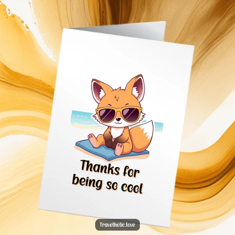 Funny Free Printable Thank You Card with a kawaii fox in oversized sunglasses lounging on a sunny beach, sending thanks.