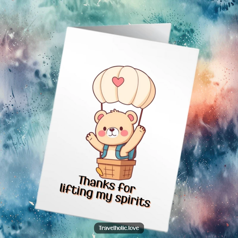 Funny Free Printable Thank You Card with a kawaii bear in a backpack waving from a hot air balloon, conveying thanks.