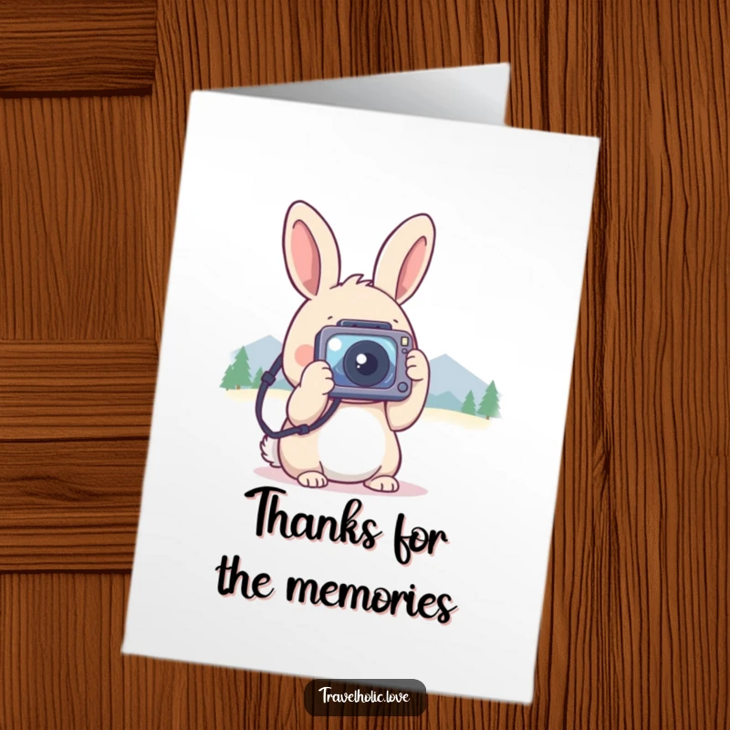 Funny Free Printable Thank You Card with a kawaii rabbit holding a tiny camera, taking photos of distant mountains, expressing gratitude.