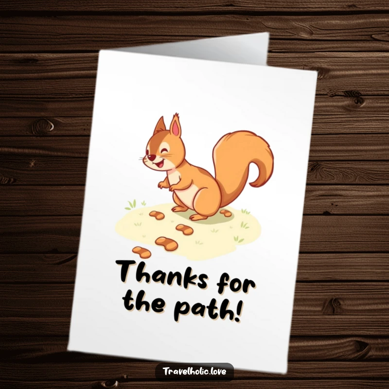 Funny free printable thank you card with a playful squirrel navigating a path made of tiny footprints, a cute and humorous downloadable message.