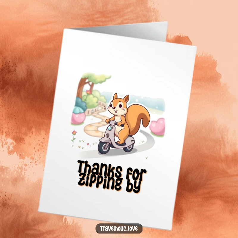 Funny Free Printable Thank You Card with a kawaii squirrel gleefully riding a miniature scooter down a winding path, conveying thanks.