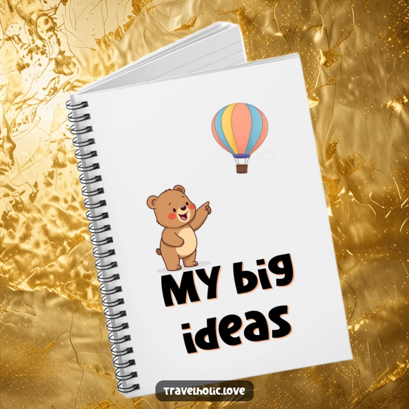 Funny bear cub pointing at a hot air balloon, a humorous and cute notebook cover.