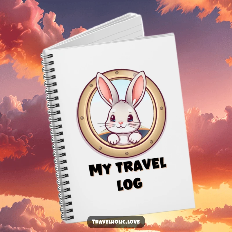 Funny bunny peeking from a vintage airplane window, a humorous and cute notebook cover.