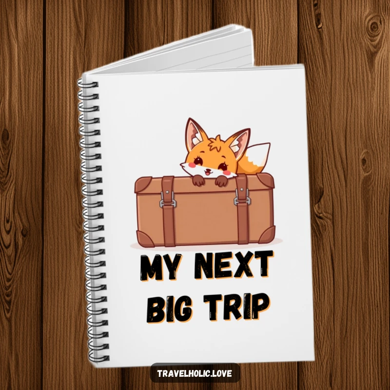 Funny fox peeking from behind a giant cartoon suitcase on a notebook, ready to capture notes.
