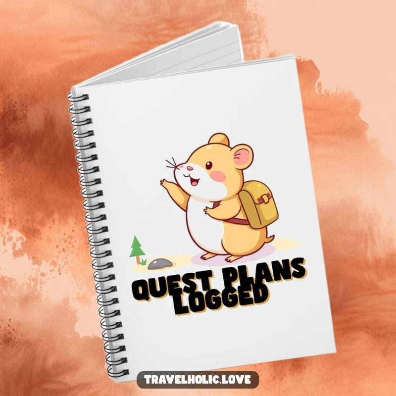 Funny Hamster Adventure Notebook featuring a happy hamster with a backpack pointing towards a distant mountain.