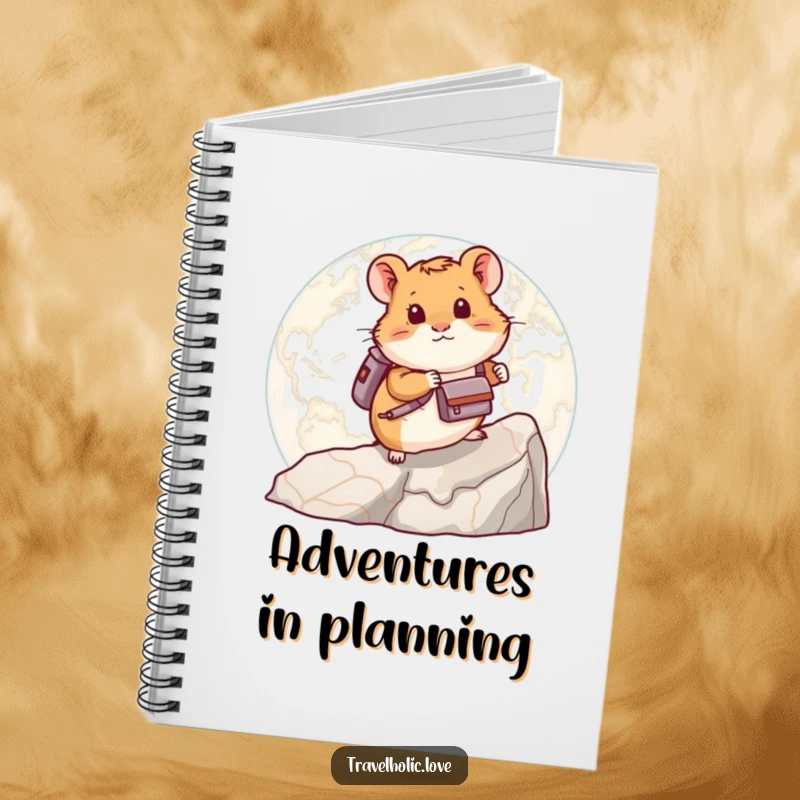 Funny hamster with a backpack climbing a huge map, a humorous and practical notebook for planning adventures.