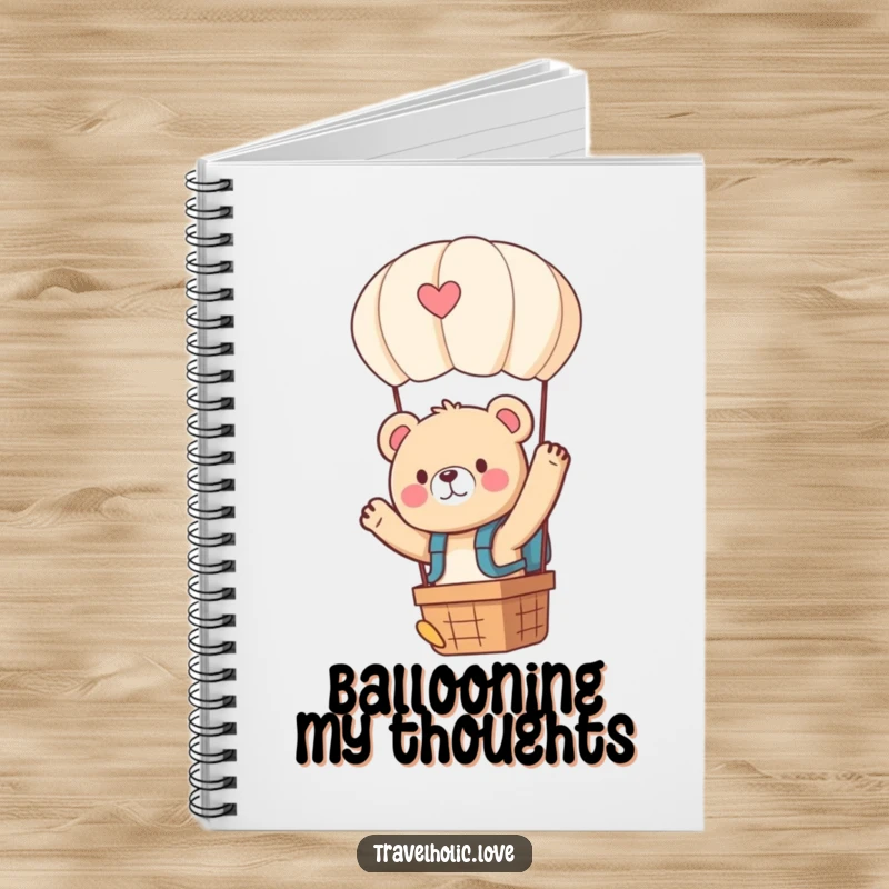 Funny kawaii bear with a tiny backpack, waving from a hot air balloon, cute notebook for writing adventures.