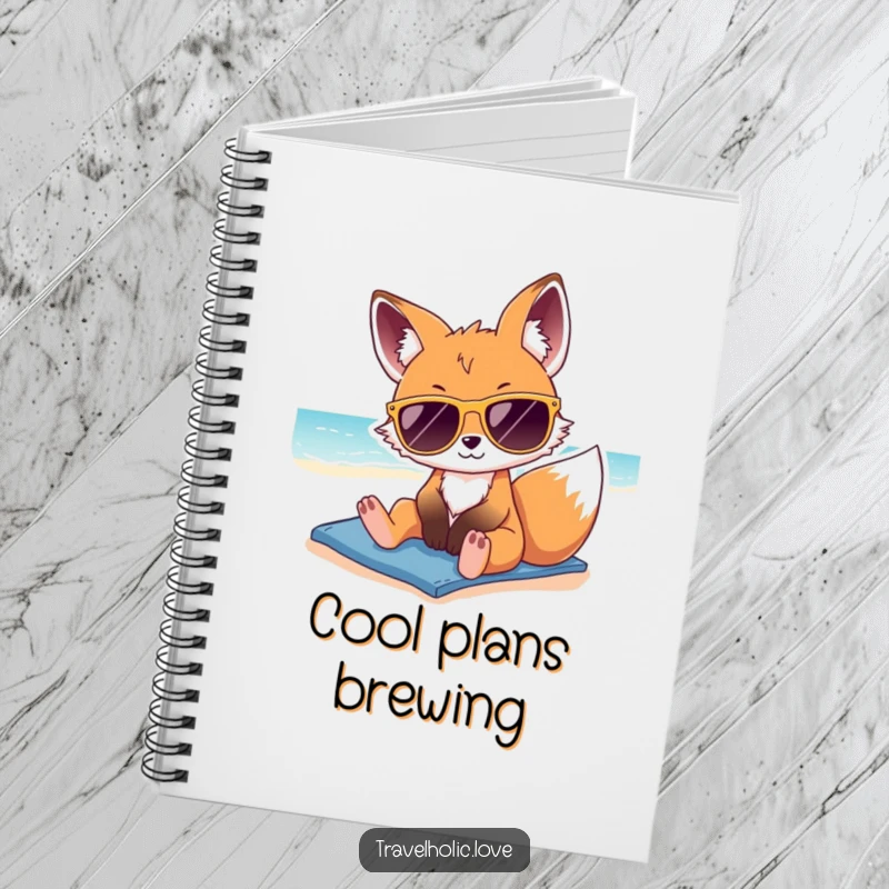 Funny kawaii fox with oversized sunglasses, lounging on a sunny beach, cute notebook for summer plans.