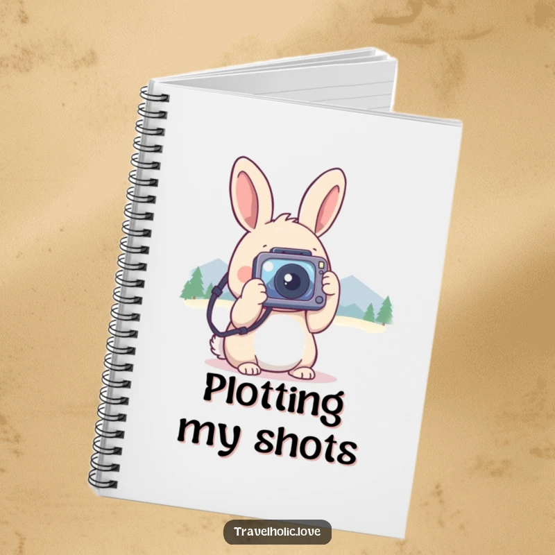 Funny kawaii rabbit with a tiny camera, focused on distant mountains, cute notebook for photography notes.