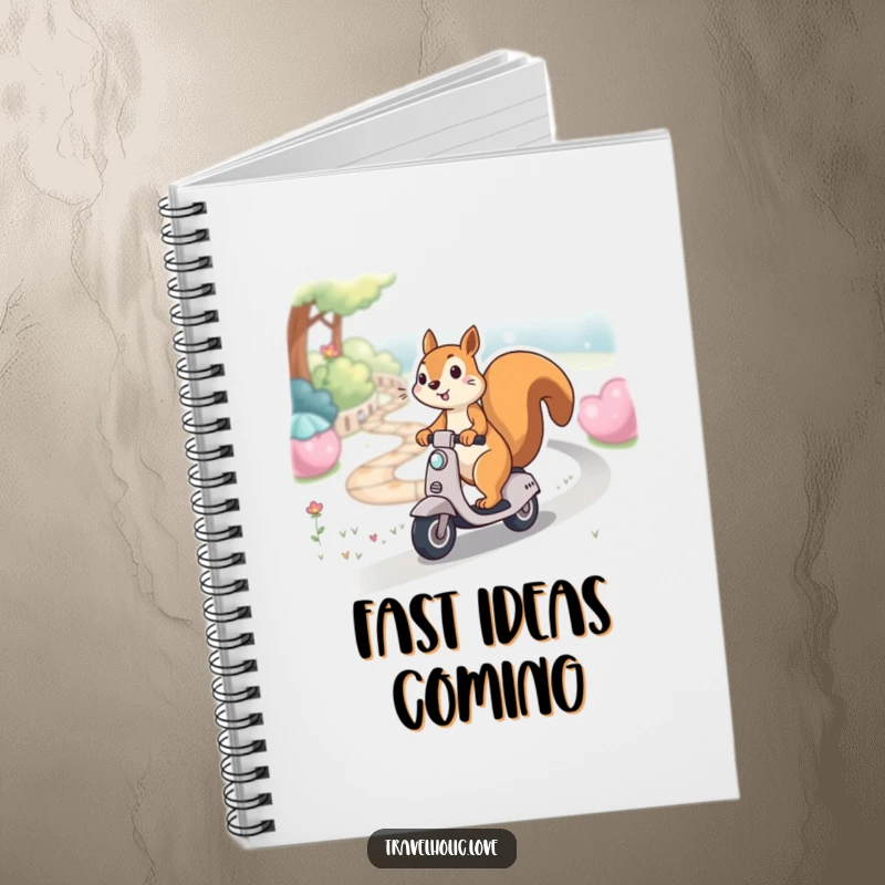 Funny kawaii squirrel gleefully riding a miniature scooter down a winding path, cute notebook for writing adventures.