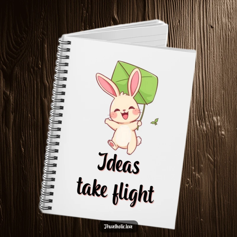 Funny Bunny Kite Notebook featuring a joyful bunny soaring with a leaf kite. Ideal for journaling whimsical thoughts.