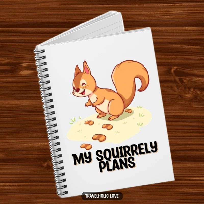 Funny squirrel following tiny footprints on a winding path, a humorous and cute notebook cover.