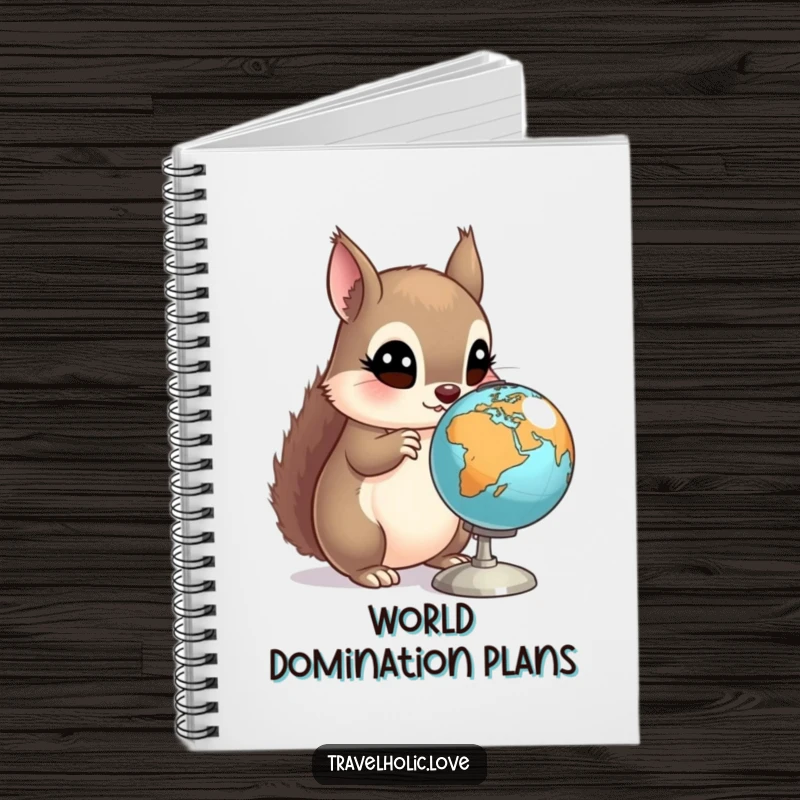 Funny Squirrel Globe Notebook featuring a curious squirrel examining a miniature spinning globe with wide eyes. Great for journaling explorations.