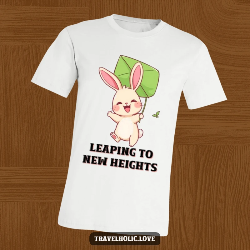 Funny Bunny Kite T-Shirt featuring a joyful bunny soaring slightly while holding onto a giant leaf kite.