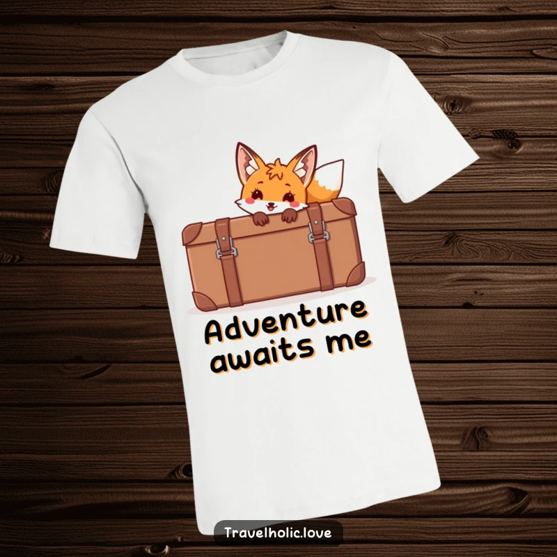 Funny fox peeking out from behind a massive cartoon suitcase on a t-shirt, embodying wanderlust.