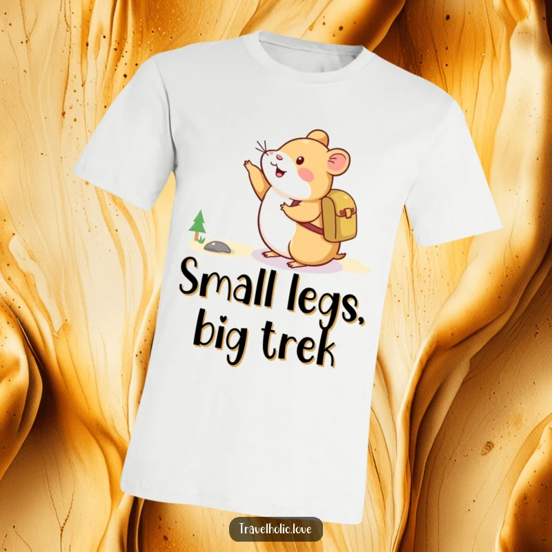 Funny Hamster Adventure T-Shirt featuring a happy hamster with a tiny backpack pointing excitedly at a distant mountain.