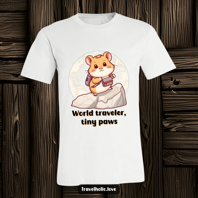 Funny hamster with a backpack happily climbing a large map, a whimsical and humorous t-shirt design for travel lovers.