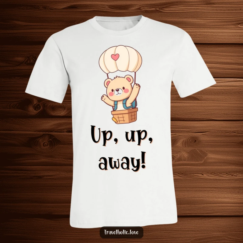 Funny kawaii bear wearing a tiny backpack, waving from a hot air balloon, adventurous and fun t-shirt.