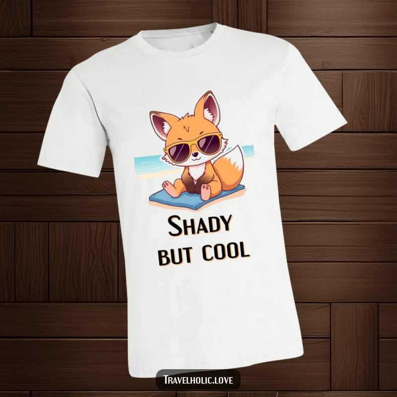 Funny kawaii fox with oversized sunglasses, relaxing on a sunny beach, cool and fun t-shirt.