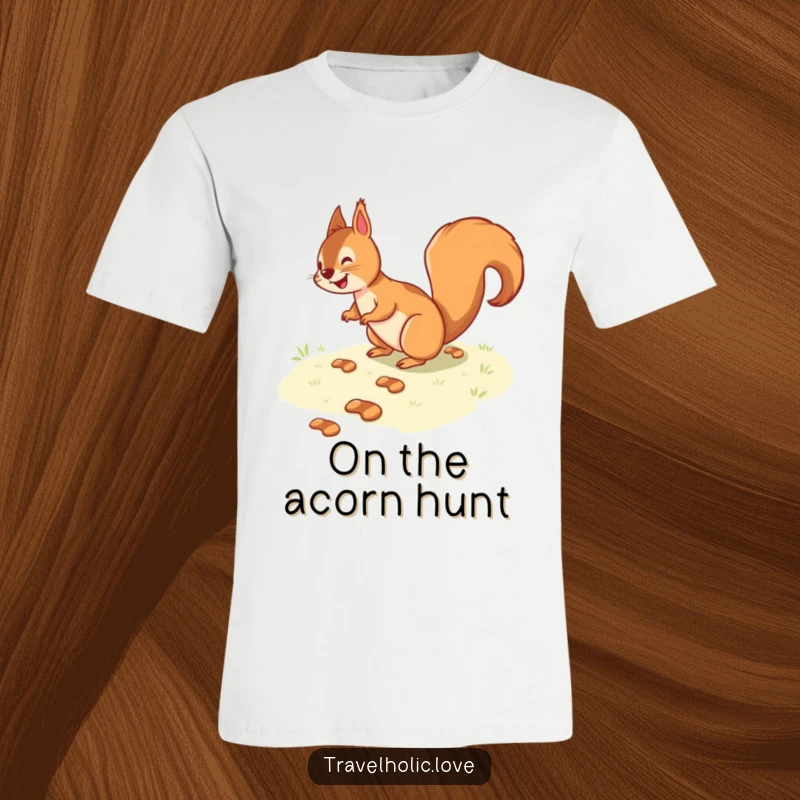 Funny squirrel joyfully following a winding path of small footprints, a humorous and delightful t-shirt print.