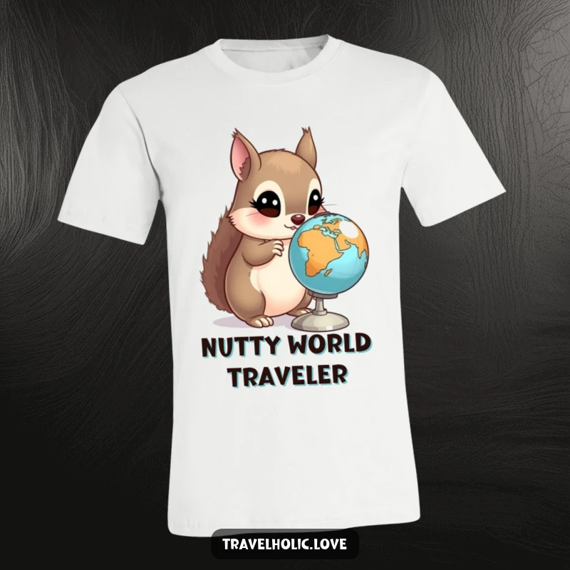 Funny Squirrel Globe T-Shirt featuring a curious squirrel intently examining a small, spinning globe with wide, amazed eyes.