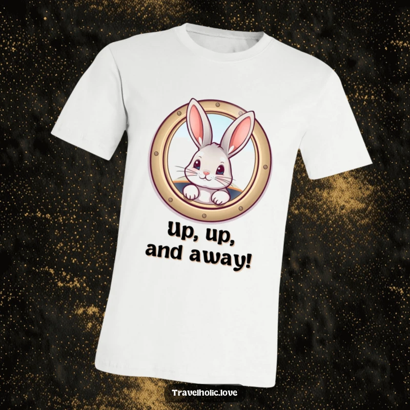 Funny bunny looking curiously from a vintage airplane window, a humorous and adorable t-shirt print.