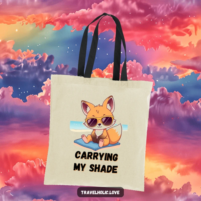 Funny kawaii fox with oversized sunglasses, lounging on a sunny beach, cute and functional tote bag.