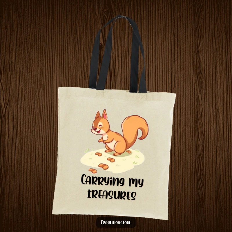 Funny squirrel happily following a winding path of small footprints, a humorous and practical tote bag design.